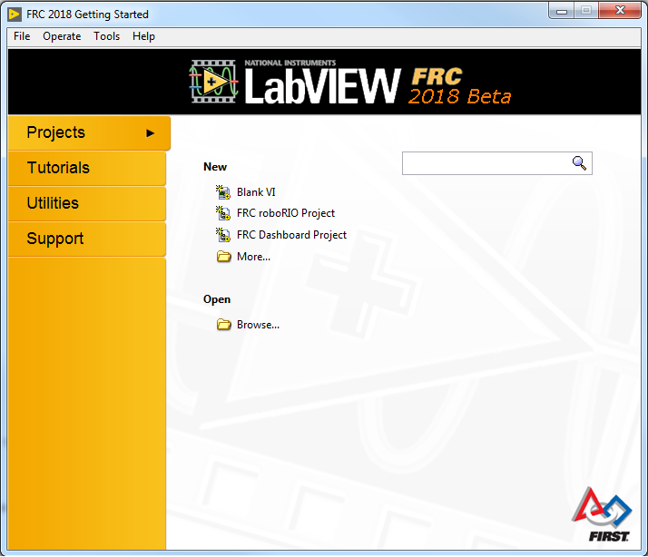 LabVIEW FRC 2018 Beta Getting Started screen.