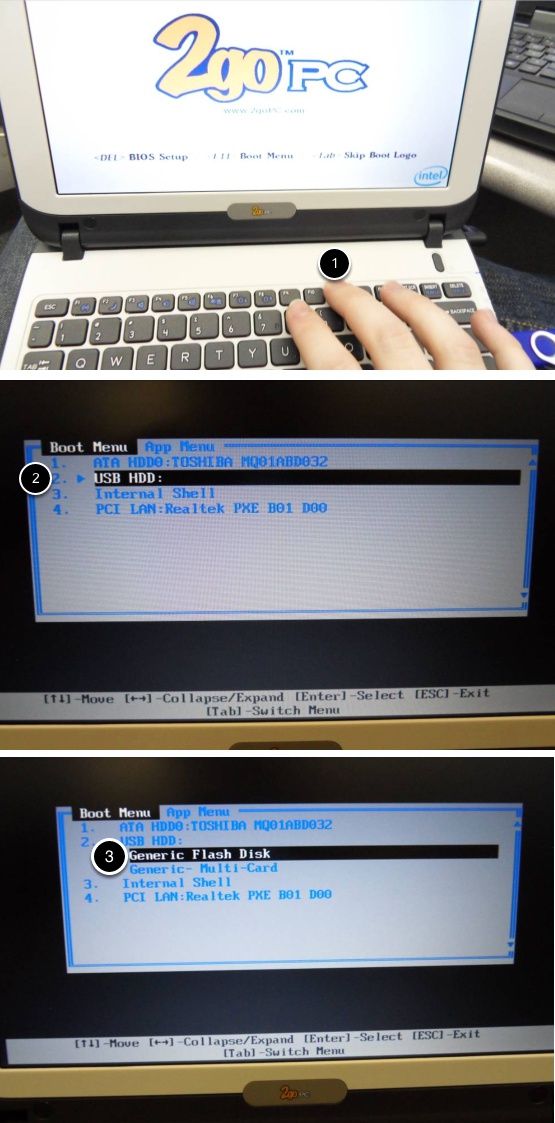 Three images that show the 2GO PC then the boot menu in BIOS.
