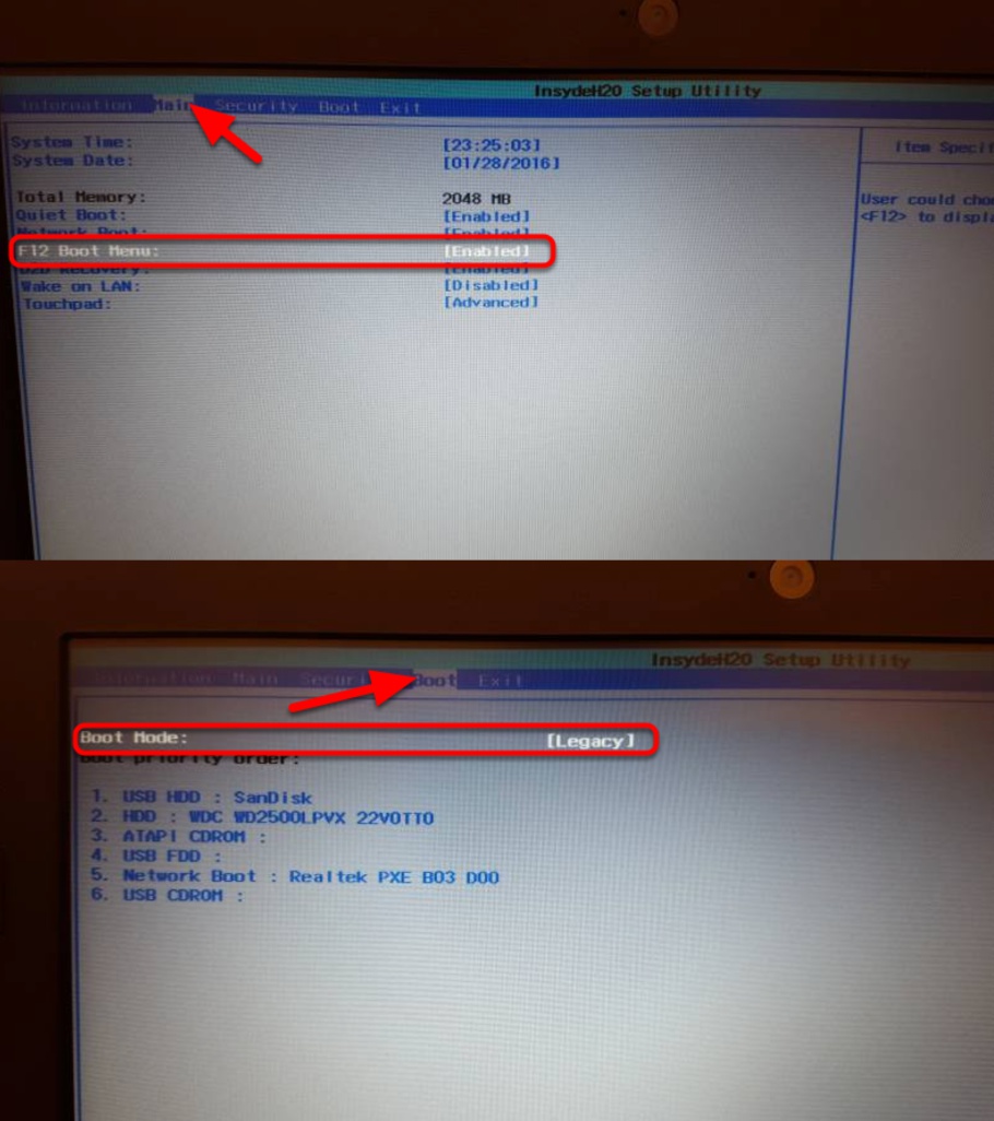 Two images of the BIOS making sure the boot menu is enabled and the mode is "Legacy".