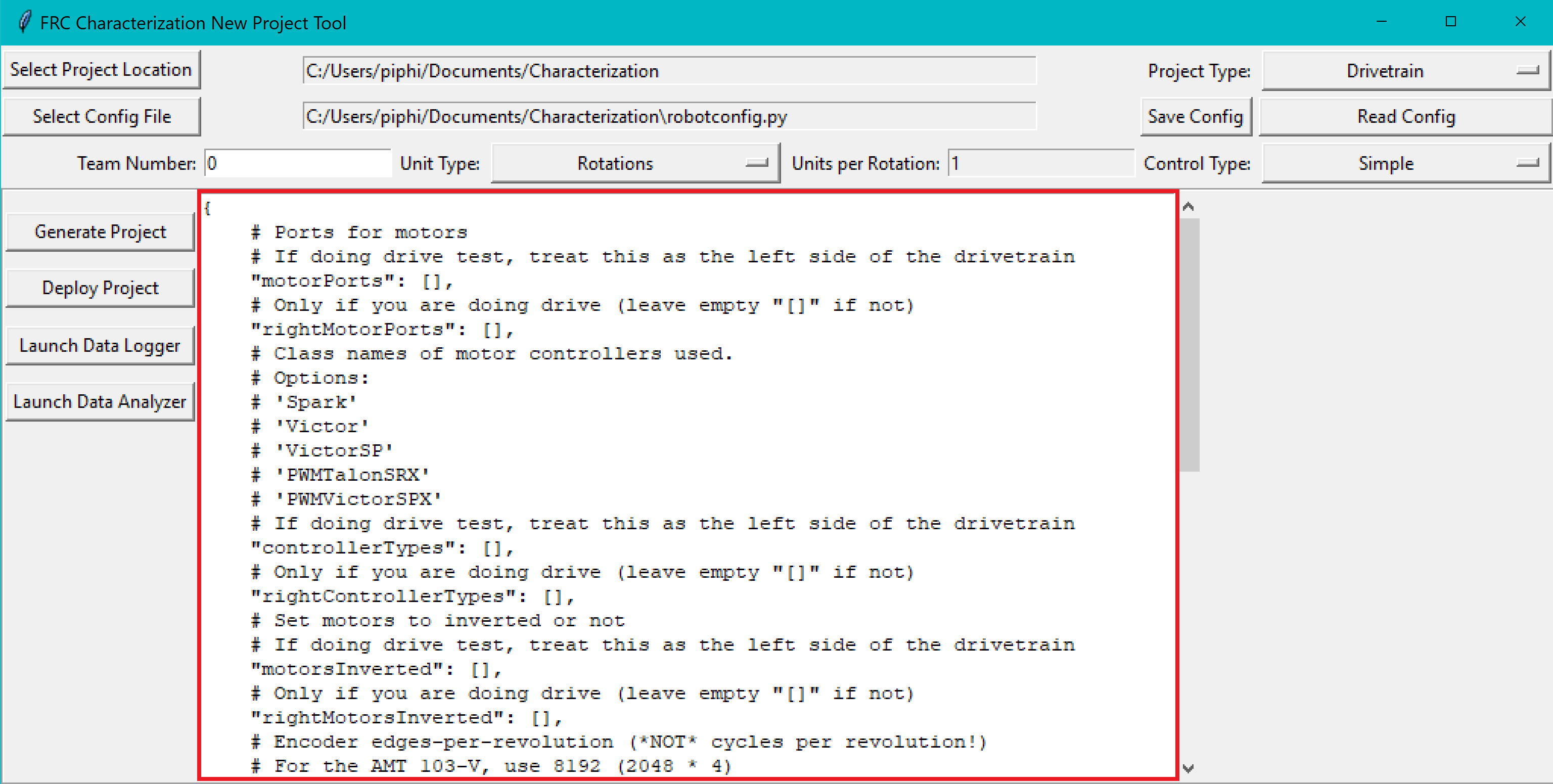 Using the robot characterization configuration editor