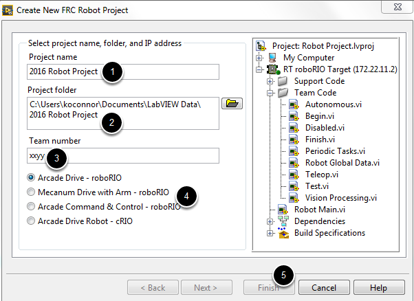 The different sections of the dialog for configuring a new LabVIEW project.