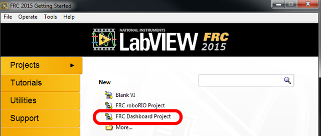 The LabVIEW Home screen and the option to create a new LabVIEW Dashboard highlighted.