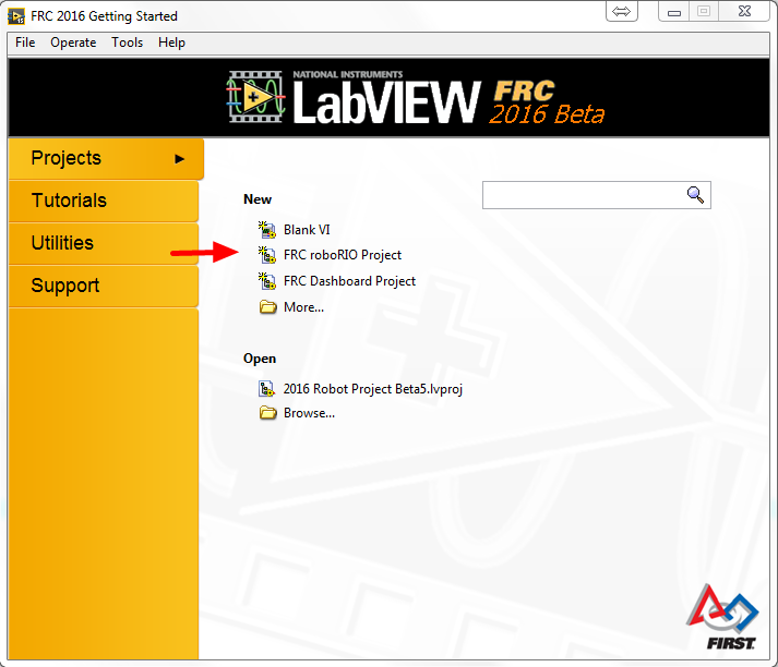 Creating a new roboRIO project from the LabVIEW home screen.