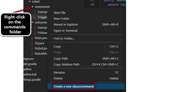 Creating a new command by right clicking the commands folder.
