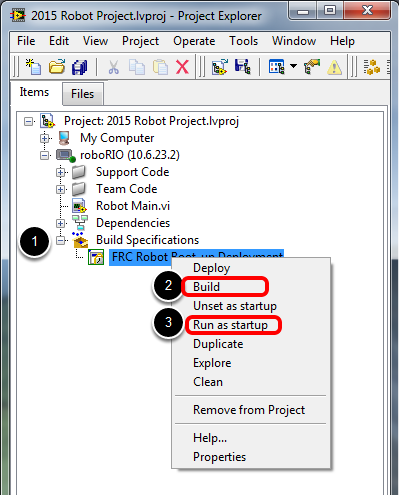 Right clicking on the robot build specification and choosing "build".  Then right clicking again and choosing "Run as startup".