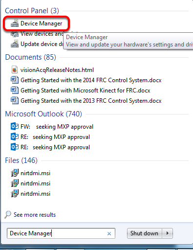 Highlights the "Device Manager" option in the start menu.