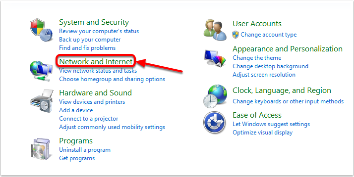 Clicking the "Network and Internet" category.