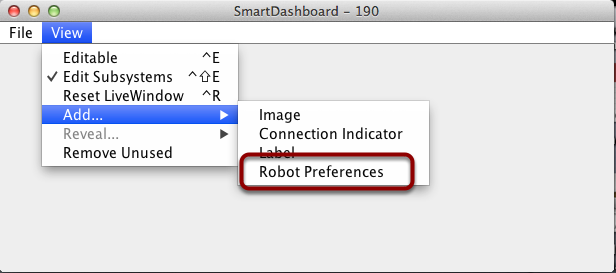 To add preferences to the display choose View->Add...->Robot Preferences.