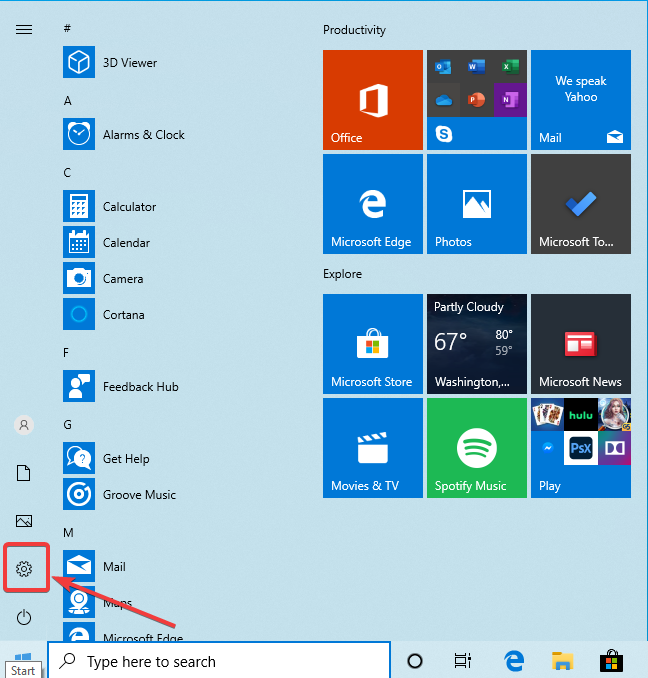 Windows 10 settings gear on the left hand side of the start menu.