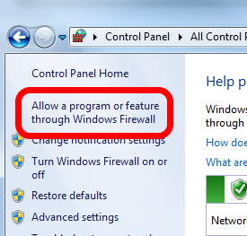 Choose the "Allow a program or feature through Windows Firewall" in the left pane.