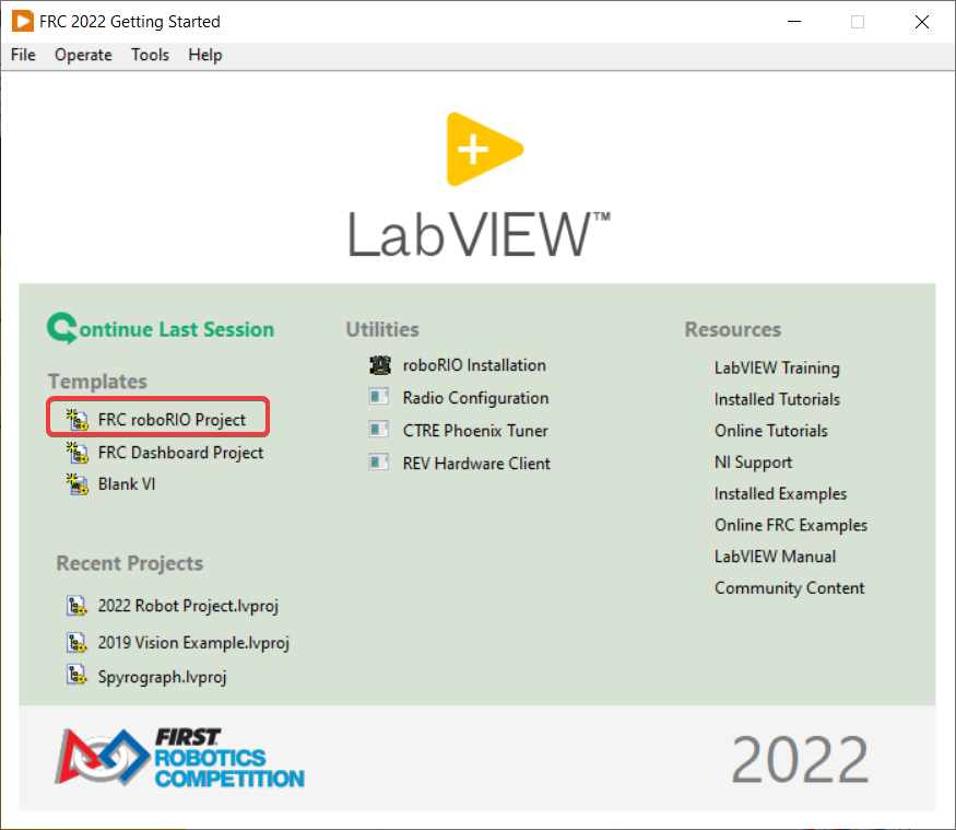 LabVIEW FRC Getting Started screen.