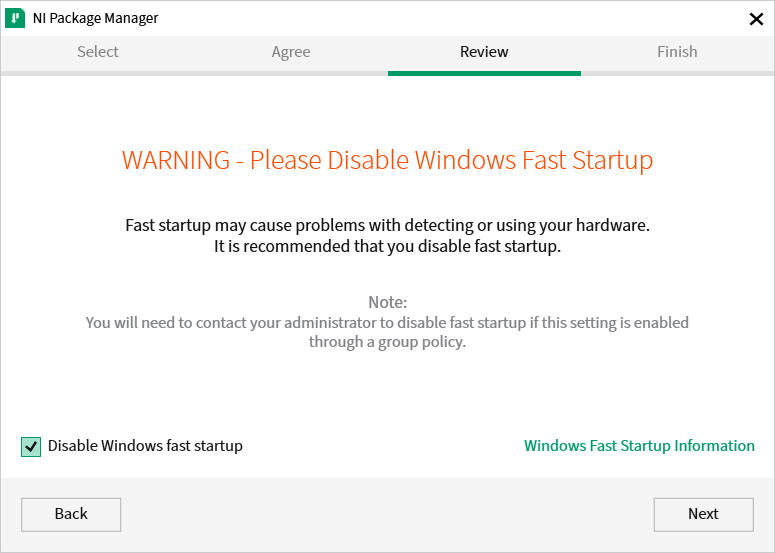 Screen for disabling Windows fast startup.