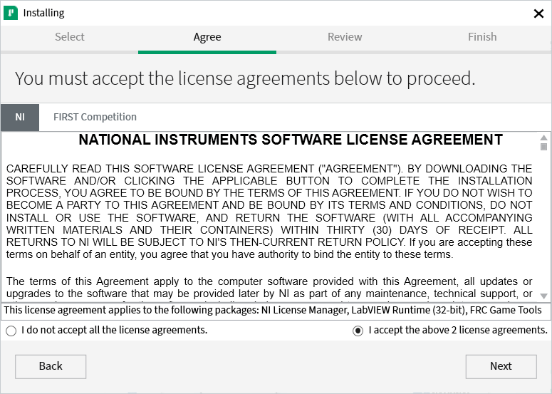 Accept the NI software license agreement.