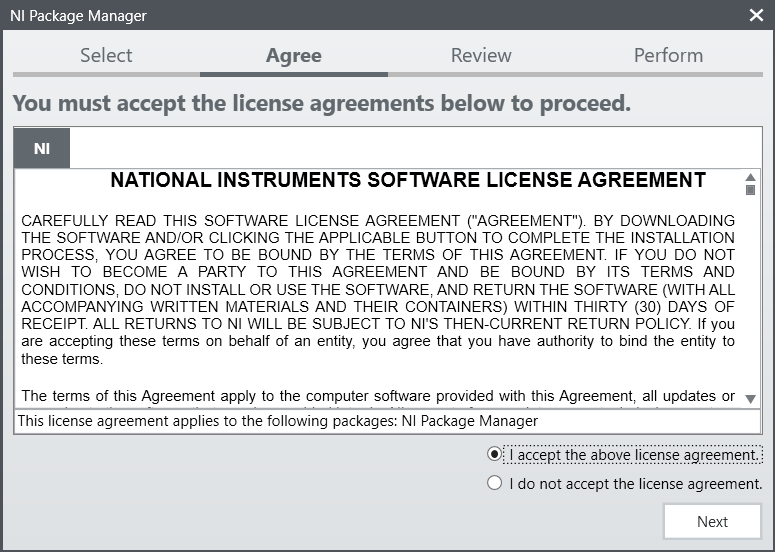Accepting the License Agreement for NI Package Manager.