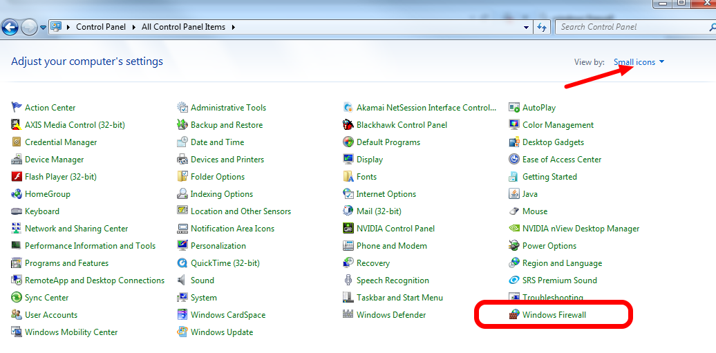 "Small icons" in the upper right and "Windows Firewall" in the lower right.