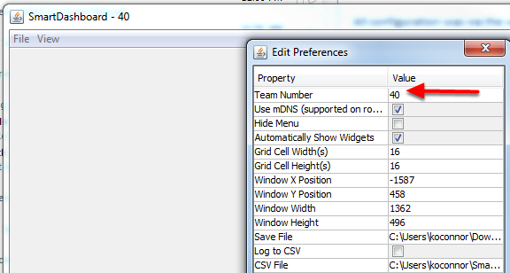 Checking the "Team Number" property in the Preferences dialog box.