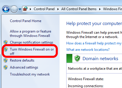 Click "Turn Windows Firewall on or off" in the left pane.