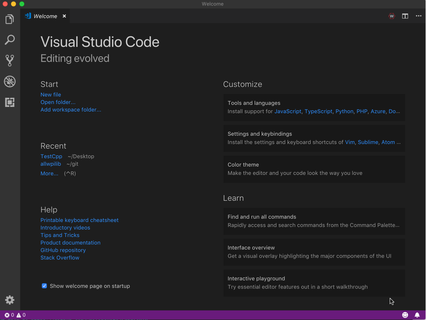 Welcome screen of Visual Studio Code.