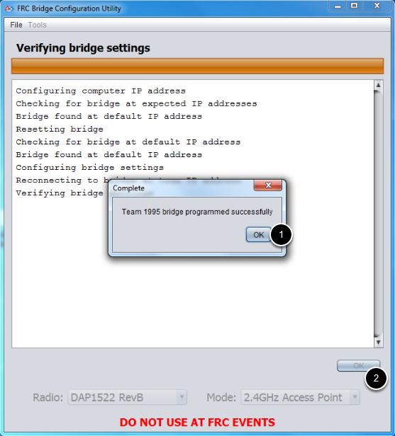 A pop up dialog indicating the programming was successful.