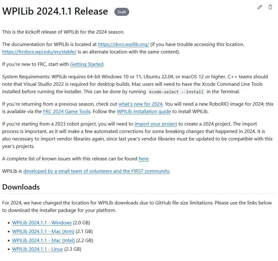 Latest WPILib release page on GitHub