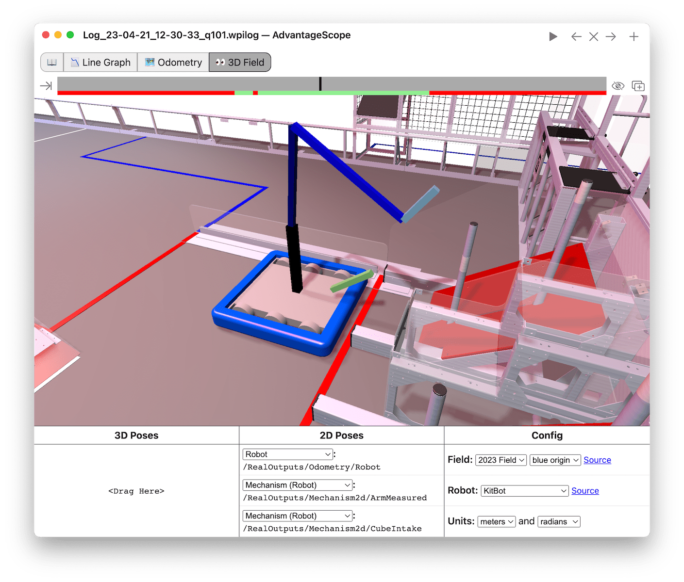 Screenshot of an AdvantageScope window displaying a robot and mechanism in 3D.