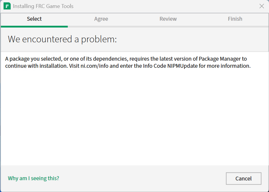 Game Tools error message requireing update to NI Package Manager.