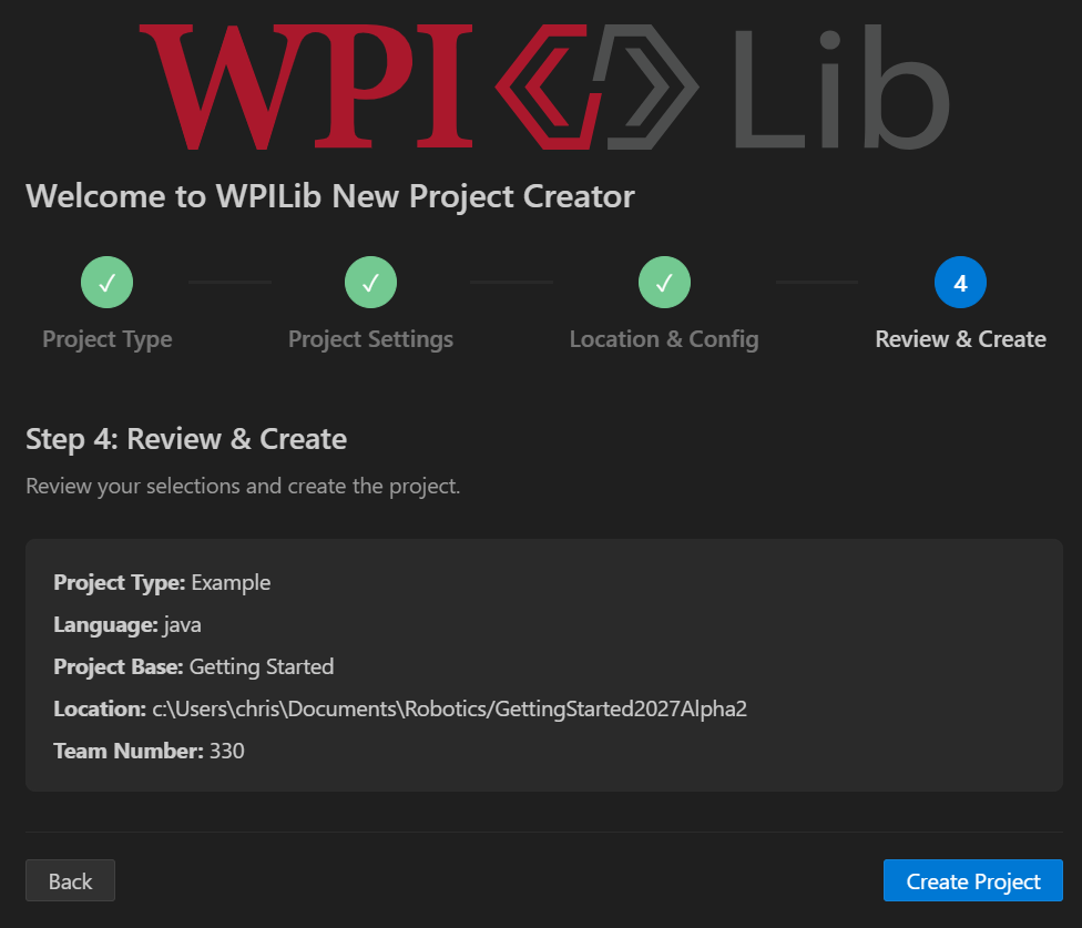 The review and create page of the WPILib New Project Creator