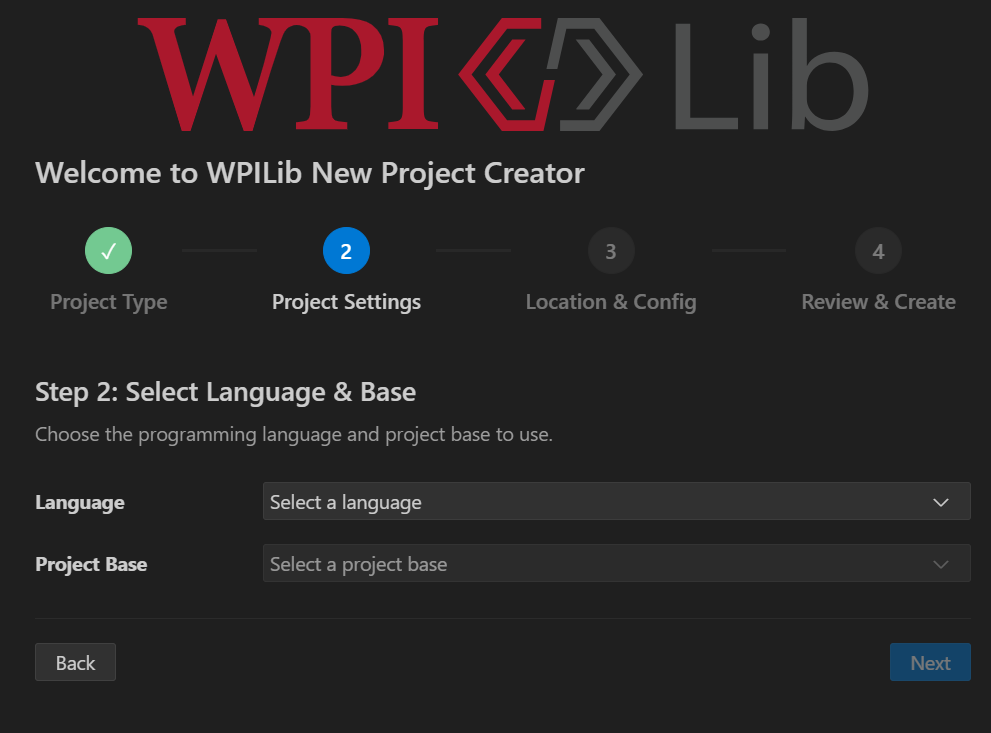 The language and base page of the WPILib New Project Creator