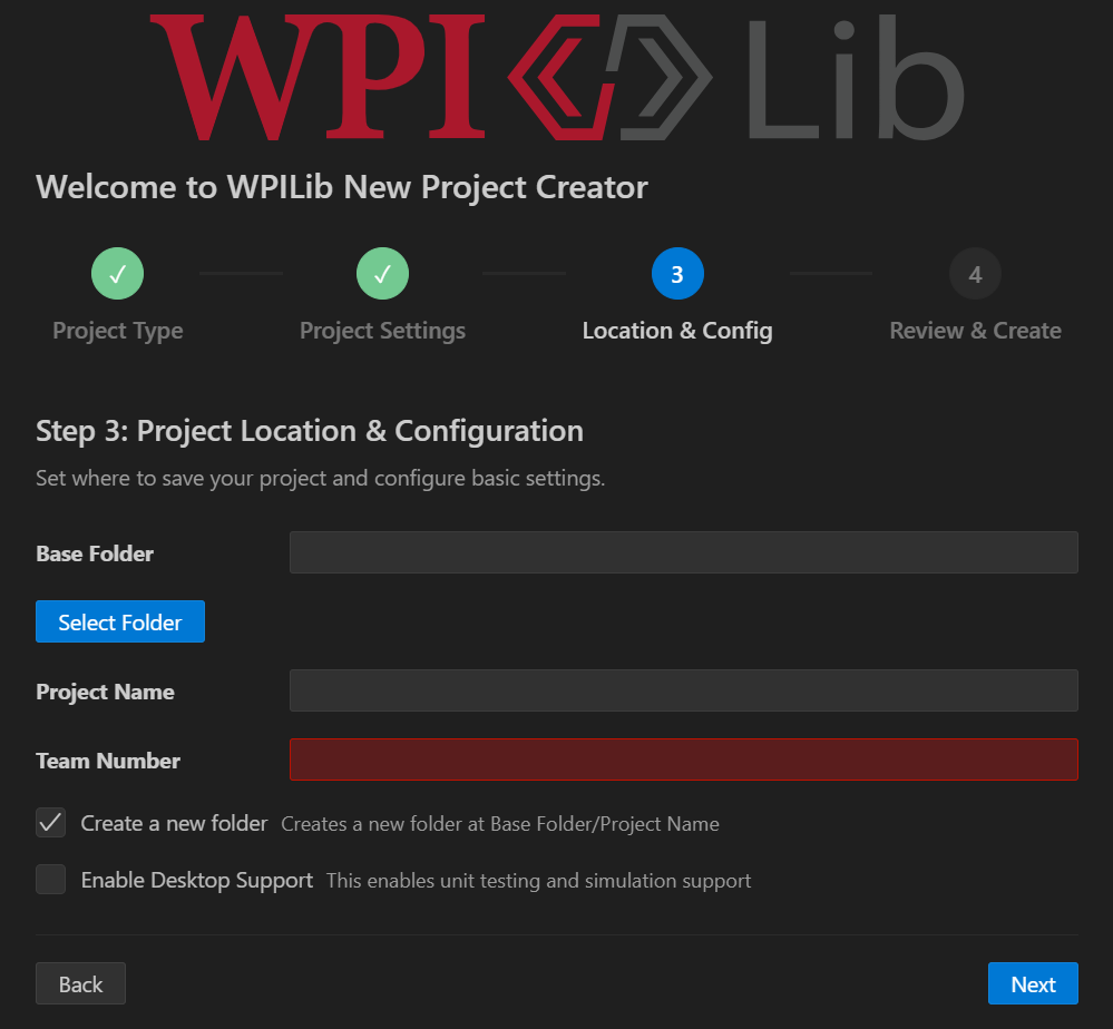 The project and configuration page of the WPILib New Project Creator