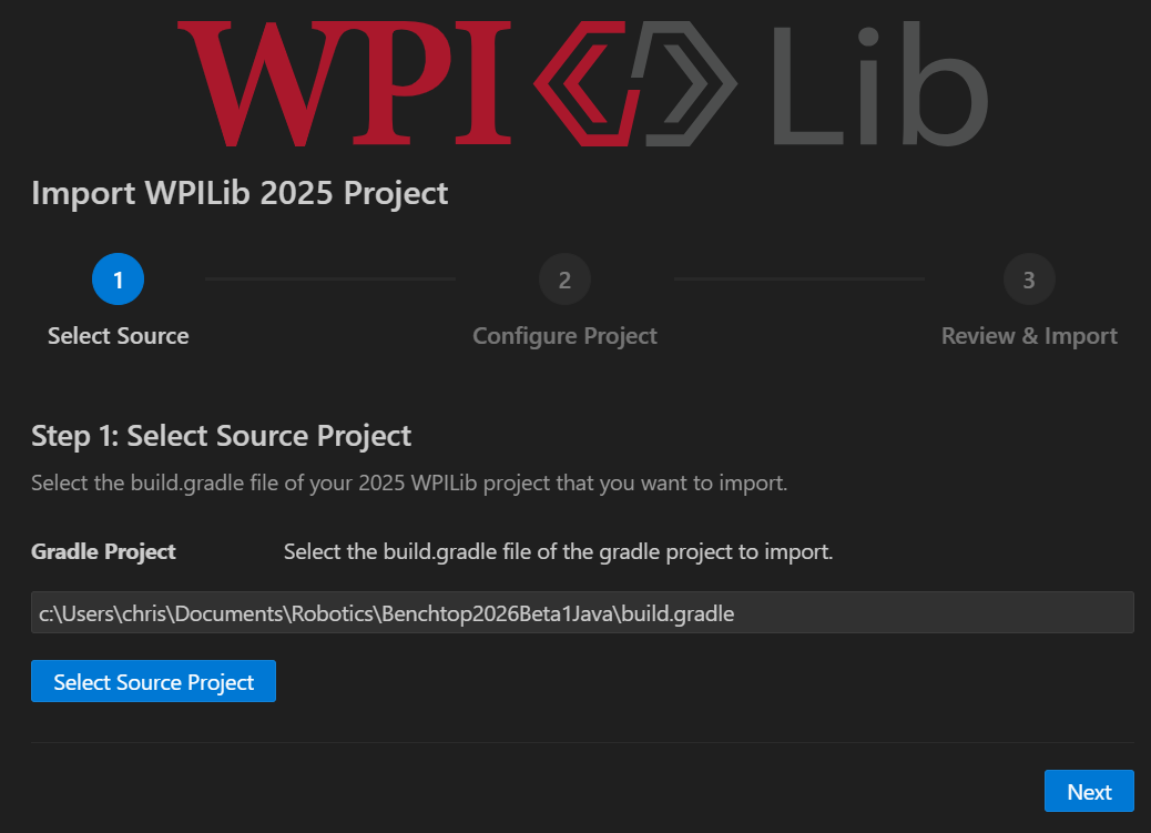 The Select Source Project:alt: The Select Source Project window of the WPILib Project Importer
