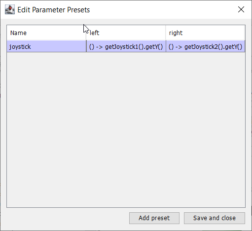 paramet preset dialog box with parameters entered
