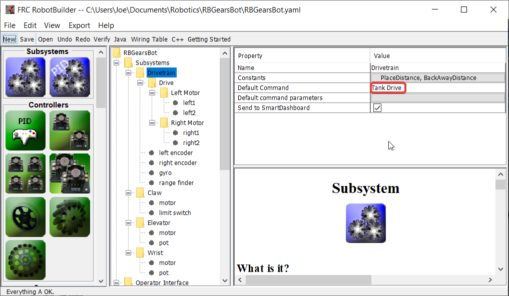 setting default command for subsystem