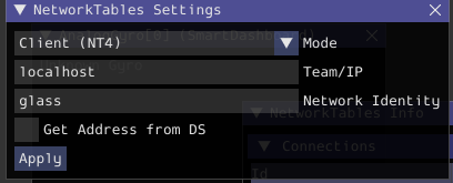 Glass NetworkTables Preferences showing Team/IP set to localhost.