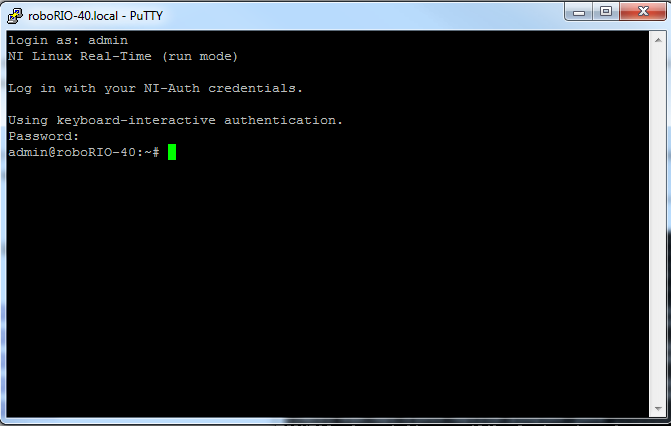 PuTTY terminal window logged in to the roboRIO.