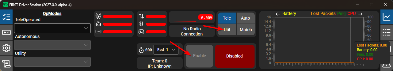 Selecting the "Util" button on the Driver Station and then "Enable".