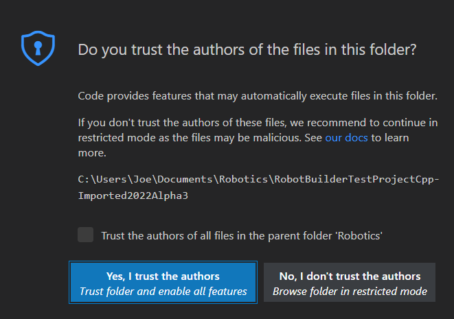 Trusted Workspace dialog in VS Code.