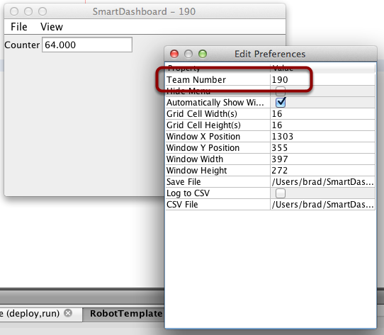 Checking the "Team Number" property in the Preferences dialog box.
