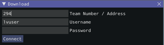Connection display showing team number, username, and password fields.