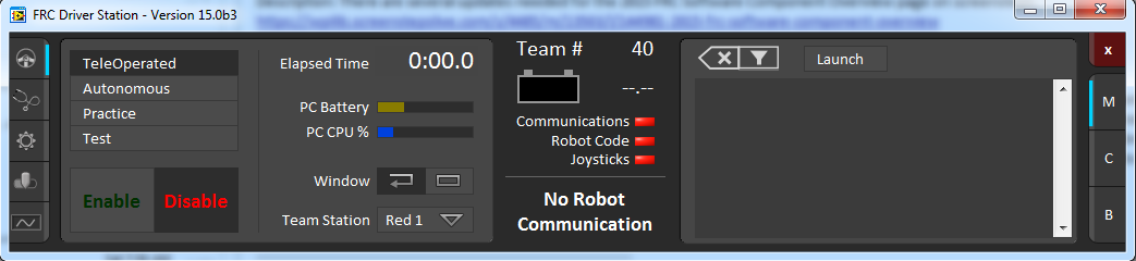 Driver Station on the first tab with the robot disabled and disconnected.