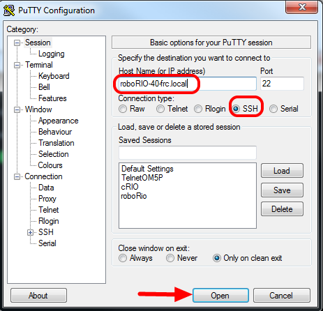 Putty UI highlighting the Host Name field, the SSH radio button and the Open button.