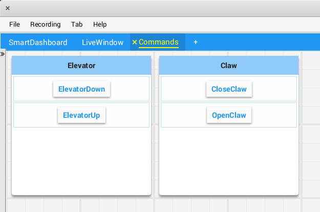 Commands buttons organized by the order they are added for the Elevator and Claw subsystems.
