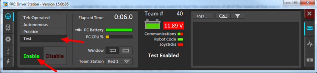 Selecting the "Test" button on the Driver Station and then "Enable".
