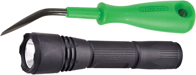 A Wago screwdriver and flashlight.