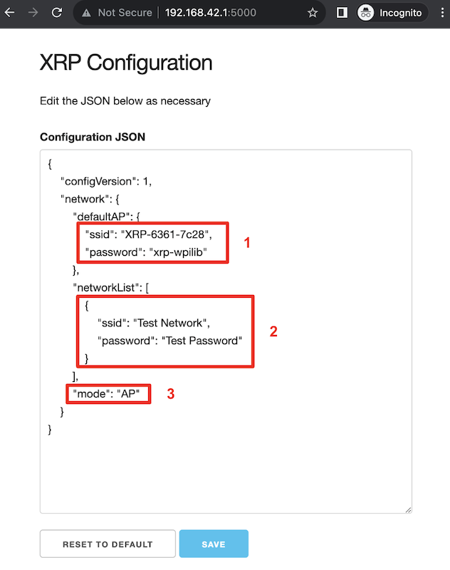 XRP Web UI JSON configuration
