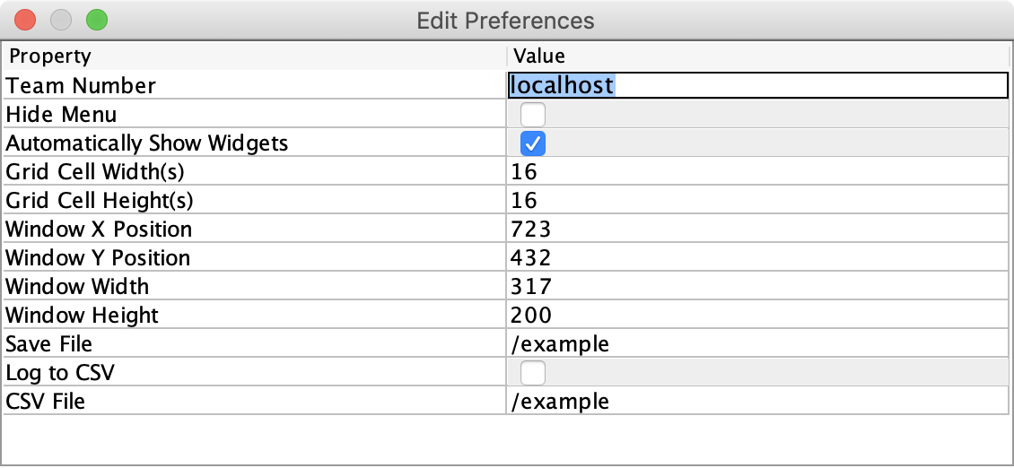 El número de equipo de SmartDashboard se estableció en localhost 