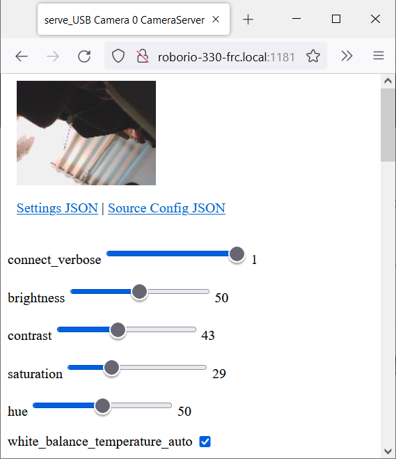CameraServer webpage showing camera image and settings sliders.