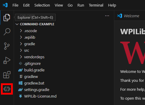 La barra de actividad en VS Code mostrando el icono de WPILib que abre el administrador de dependencias.