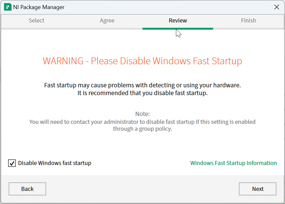 Screen for disabling Windows fast startup.