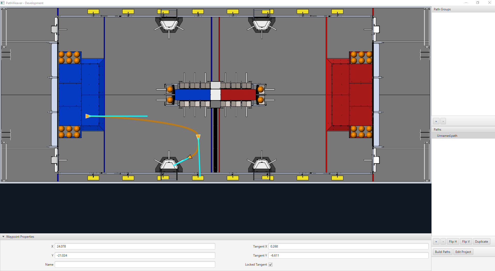 PathWeaver UI con un proyecto para FRC Deep Space trazando una trayectoria hacia la parte trasera del cohete.