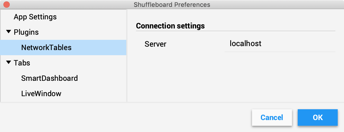La configuración de conexión del Shuffleboard se estableció en localhost